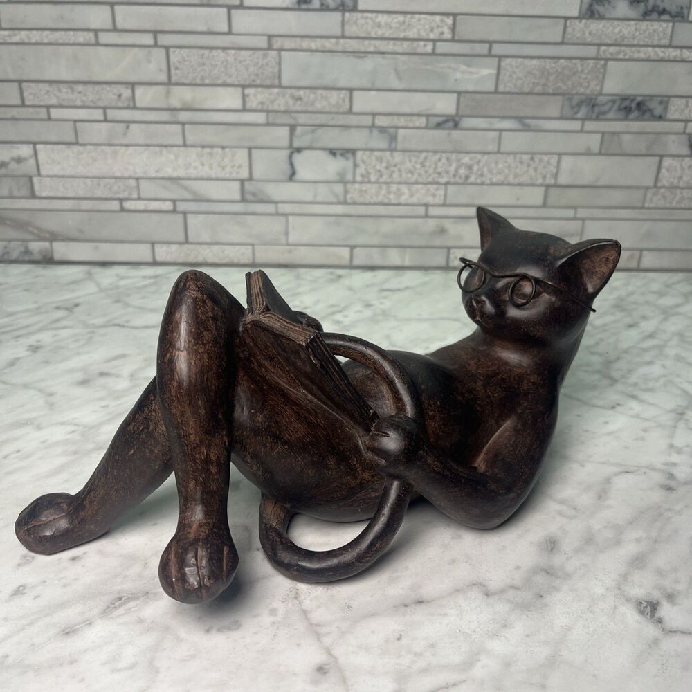 Reading Cat Resin Figure statue Relaxing Serenity W/ Glasses Legs Crossed Brown